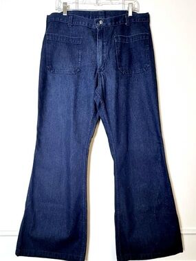 Vintage Seafarer Flared Dungarees USA Utility Denim 70s Style Wide Leg Navy Pant